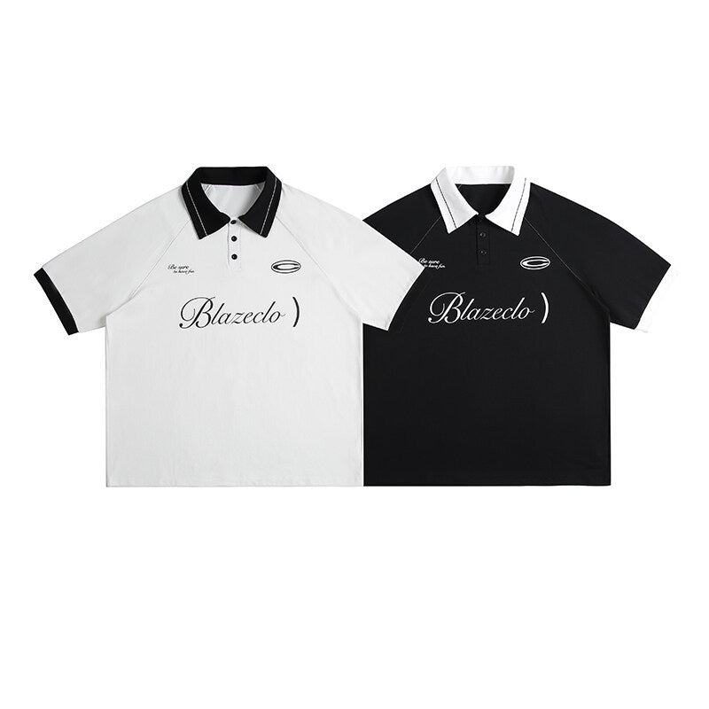 Letter print loose contrasting collar short sleeved polo shirt for men - MarkoFit