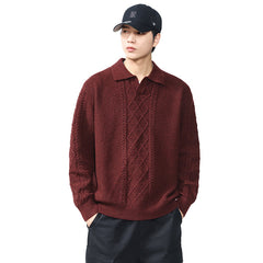 Solid Color Casual Turn-Down Collar Knit Sweater Men Loose Fit Sweater - MarkoFit