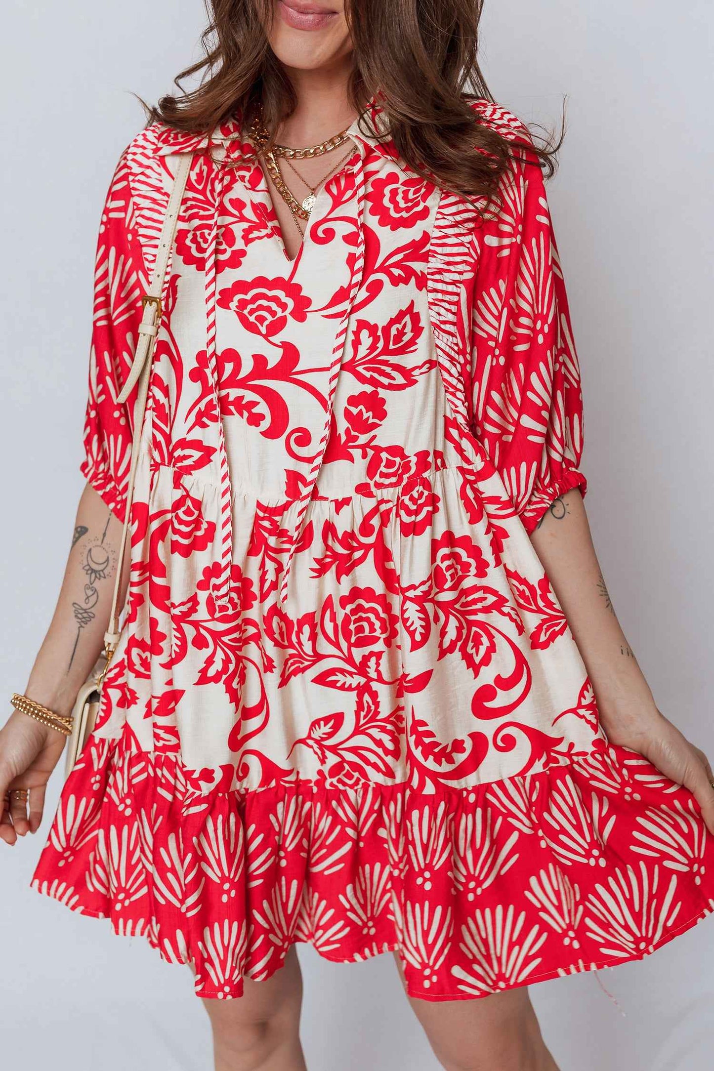 Red Collared V Neck Half Sleeve Loose Flower Mini Dress