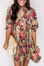 Green Floral Print Frilled Collar V Neck Half Sleeve Mini Dress