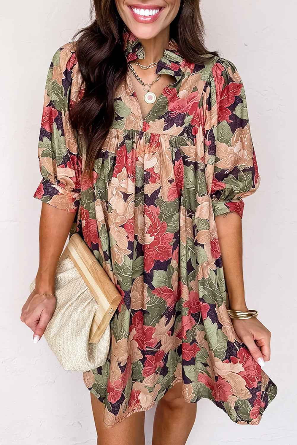 Green Floral Print Frilled Collar V Neck Half Sleeve Mini Dress