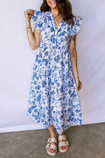 Blue Ruffled Short Sleeve Tiered Floral Midi Dress