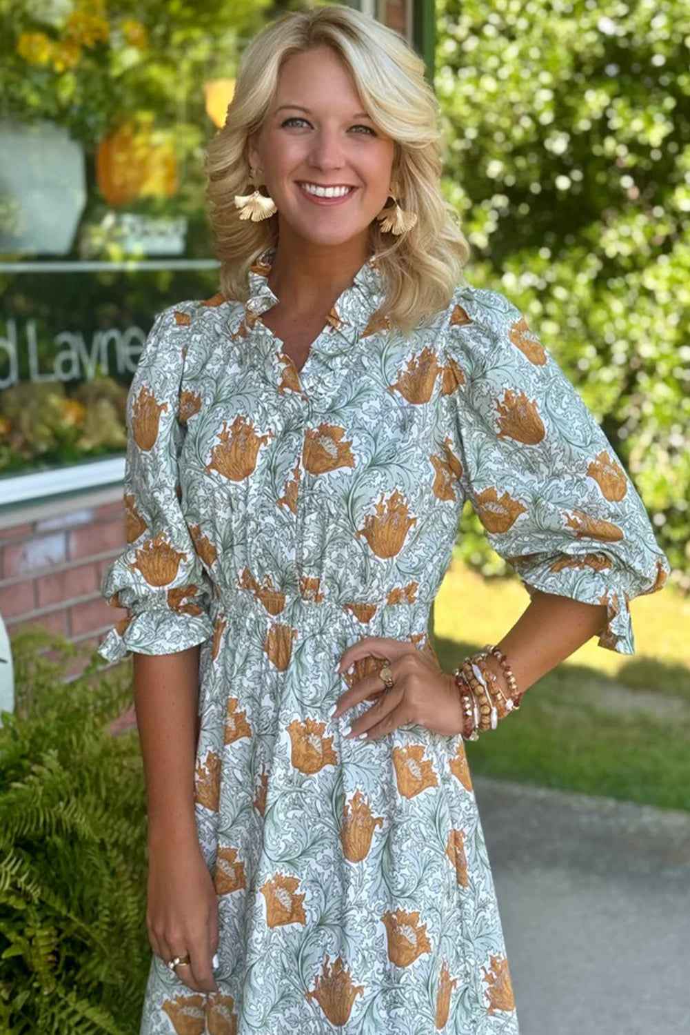 Brown Floral Printed Frilled V Neck Bracelet Sleeve Long Dress