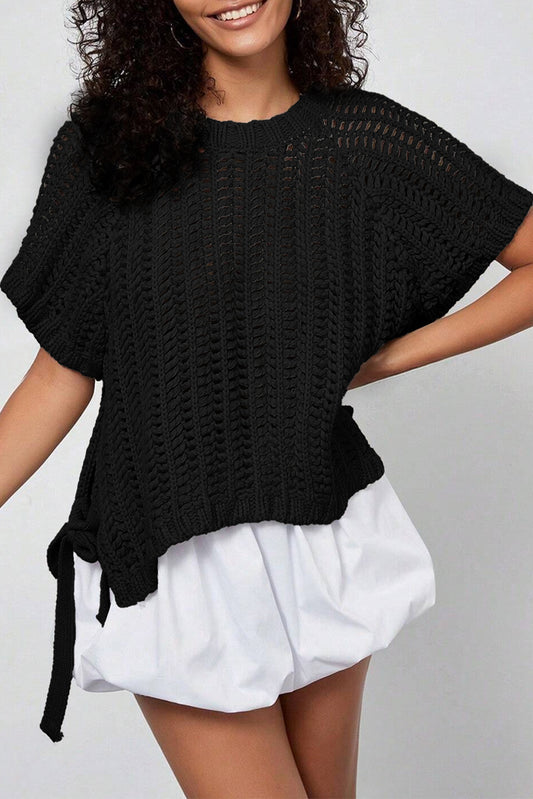 Black Plus Size Open Knit Bow Tie Short Sleeve Sweater - MarkoFit