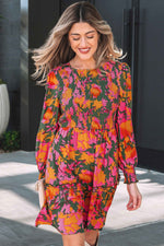 Multicolour Floral Print Long Sleeve Smocked Ruffled Mini Dress