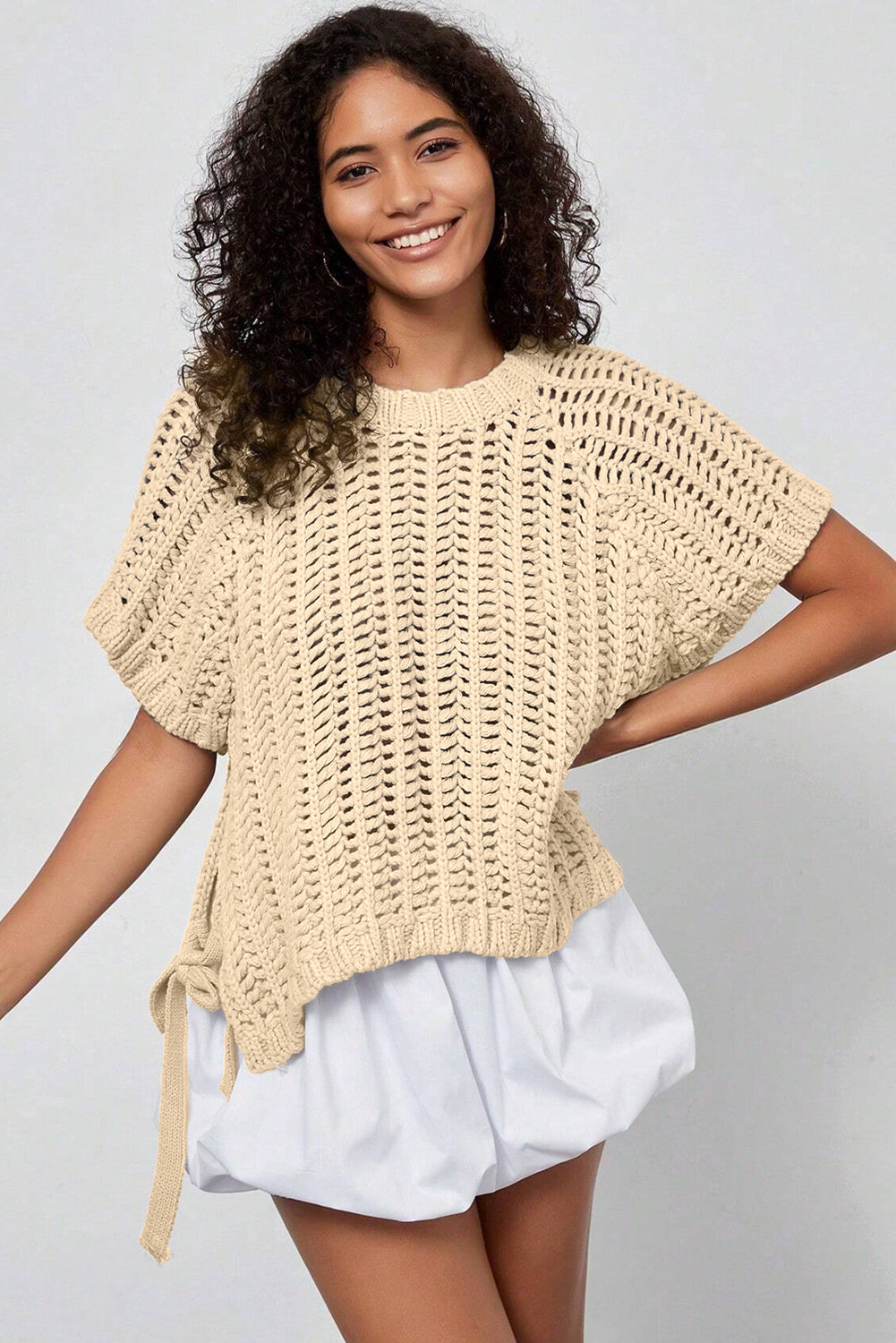 Apricot Plus Size Open Knit Bow Tie Short Sleeve Sweater - MarkoFit
