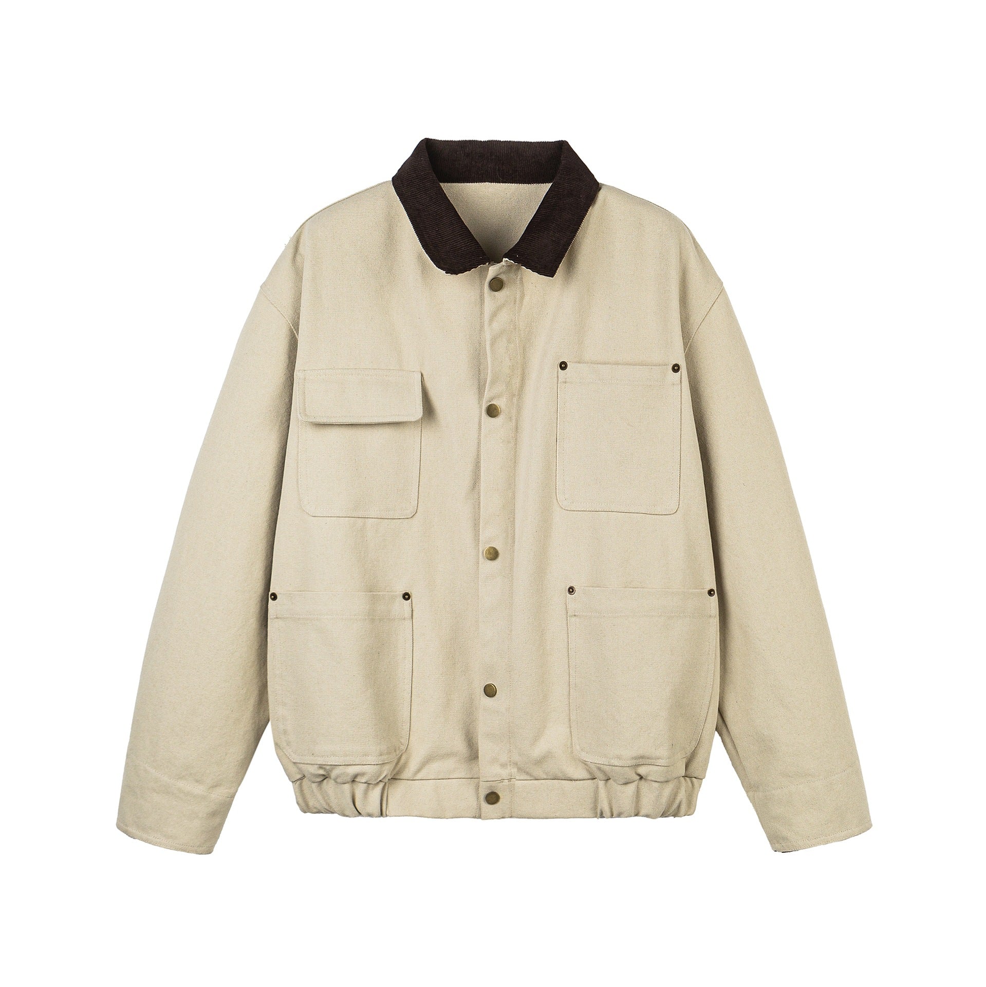 Color-Blocking Patchwork Corduroy Collar Multi-Pocket Loose Workwear Jacket
