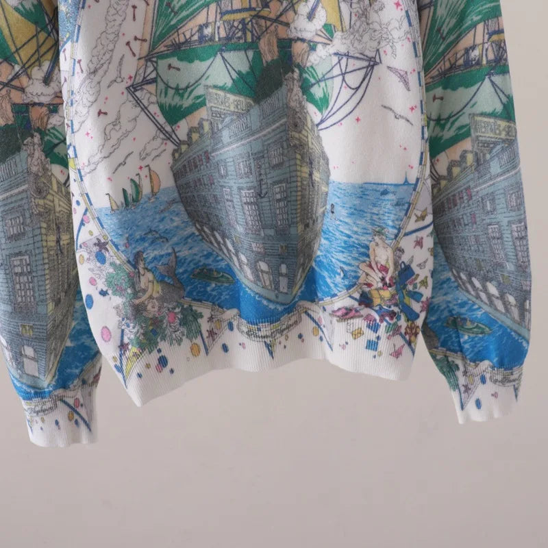 Fall Winter Art Print Sailboat Women's Sweater Pullover Swater Women Clothing Retro Crewneck Knitted Bottom top Y2K Clothes