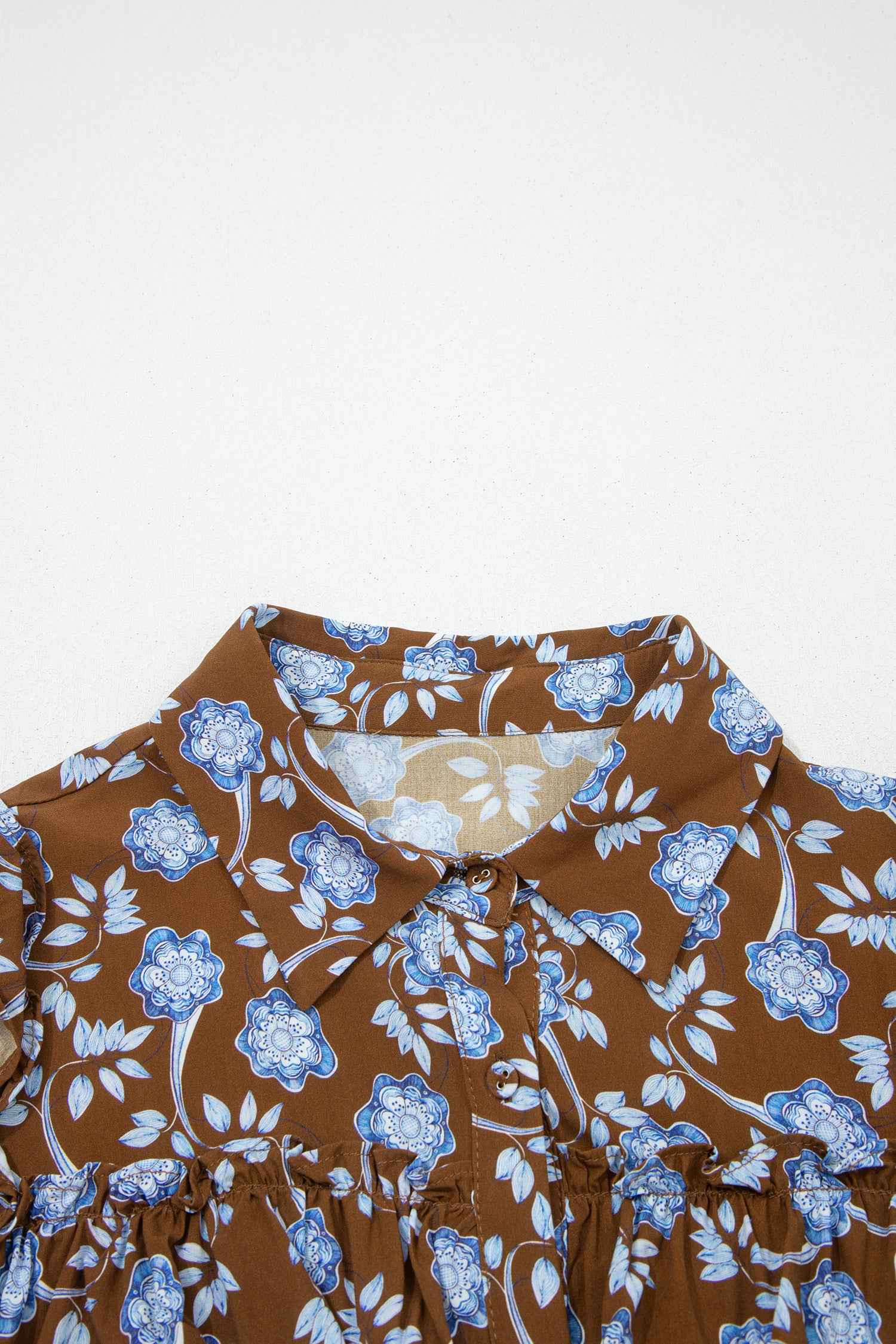 Brown Floral Print Ruffled Detail Shirt Collar Button Down Long Sleeve Dress