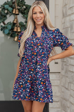 Blue Wild Daisy Floral Split Neck Short Puff Sleeve Mini Dress - MarkoFit
