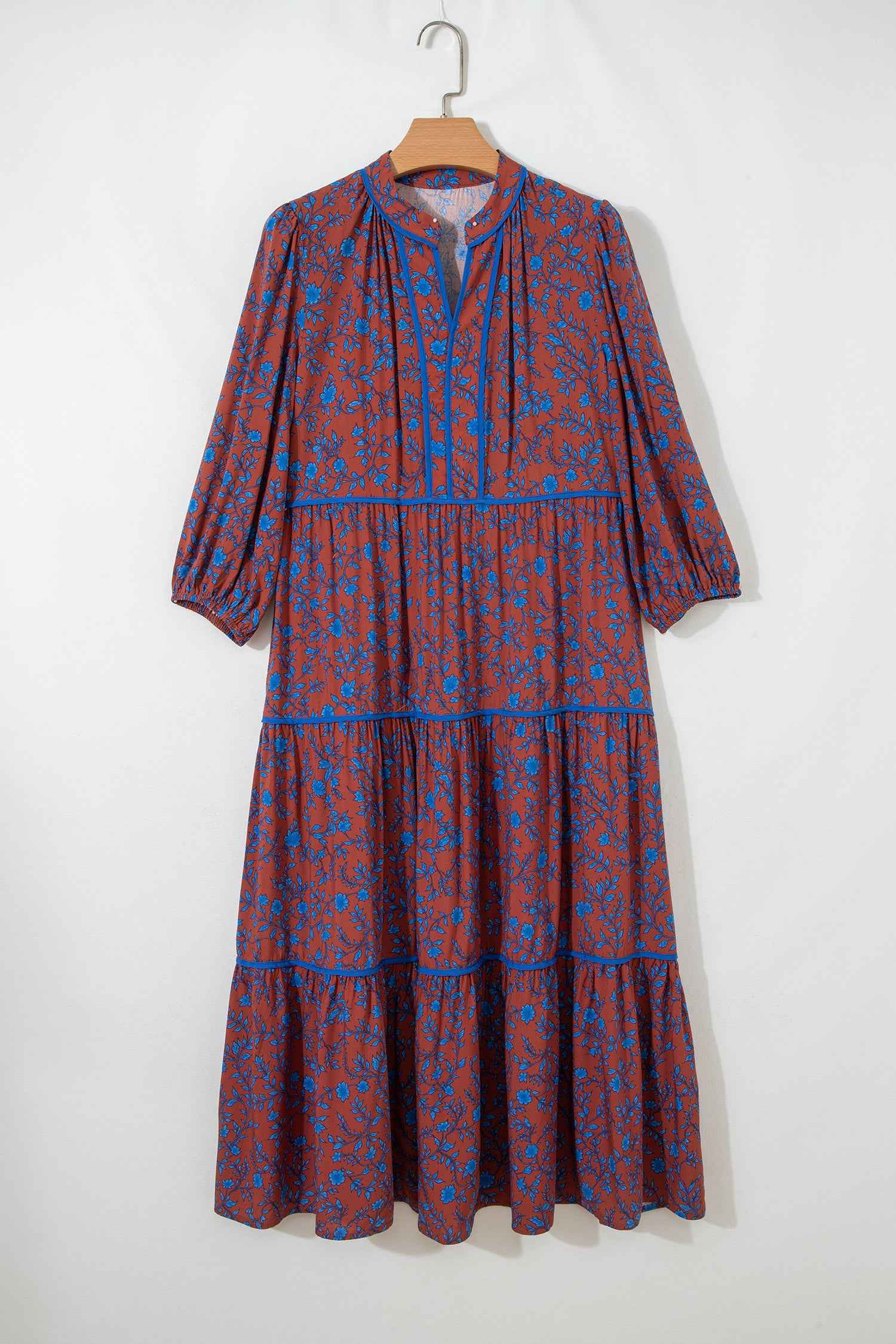 Brown 3/4 Puff Sleeve Tiered Loose Floral Dress