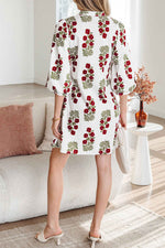 White Floral Print V Neck 3/4 Sleeve Loose Mini Dress