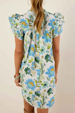 Beige Floral Print V Neck Triple Ruffle Short Sleeve Shift Mini Dress