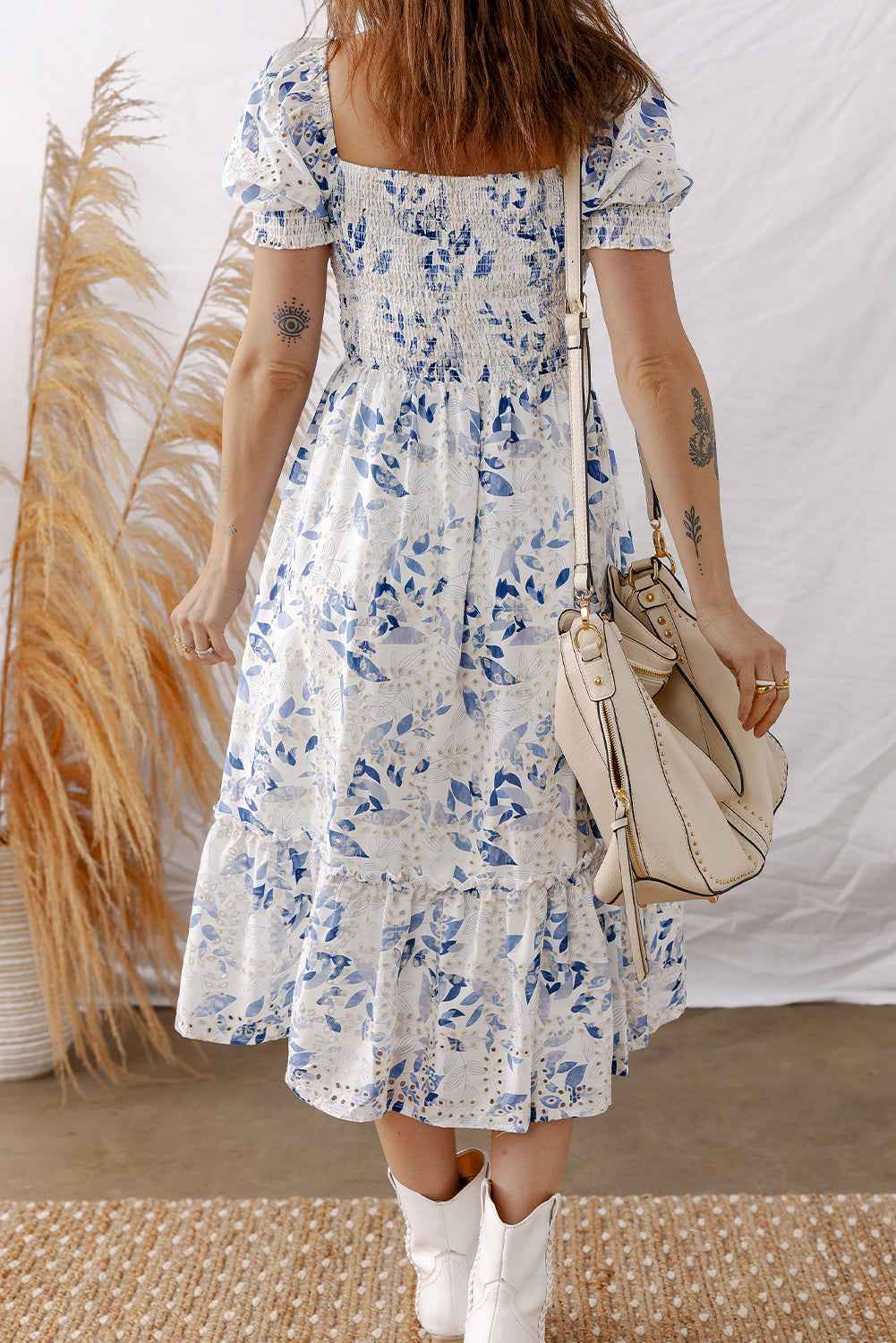 Sky Blue Smocked Bodice Short Puff Sleeve Tiered Floral Midi Dress