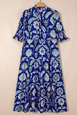 Blue Wild Floral Print Frilled Collar Half Sleeve Long Dress