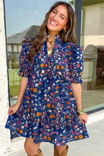 Blue Wild Daisy Floral Split Neck Short Puff Sleeve Mini Dress