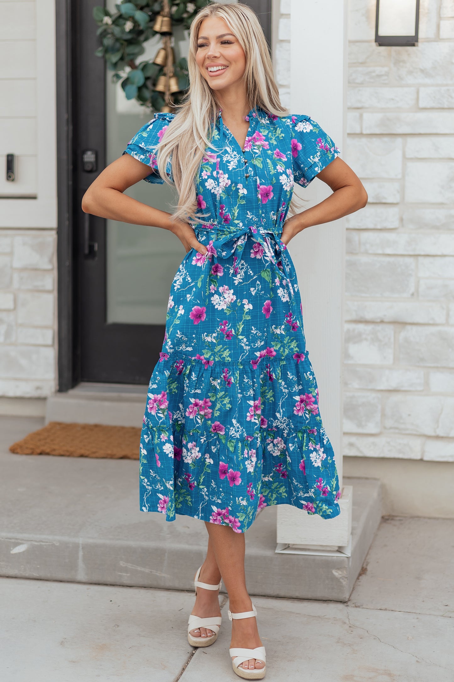 Blue Floral Flutter Sleeve Button Tie Split Neck Belted Long Dress - MarkoFit