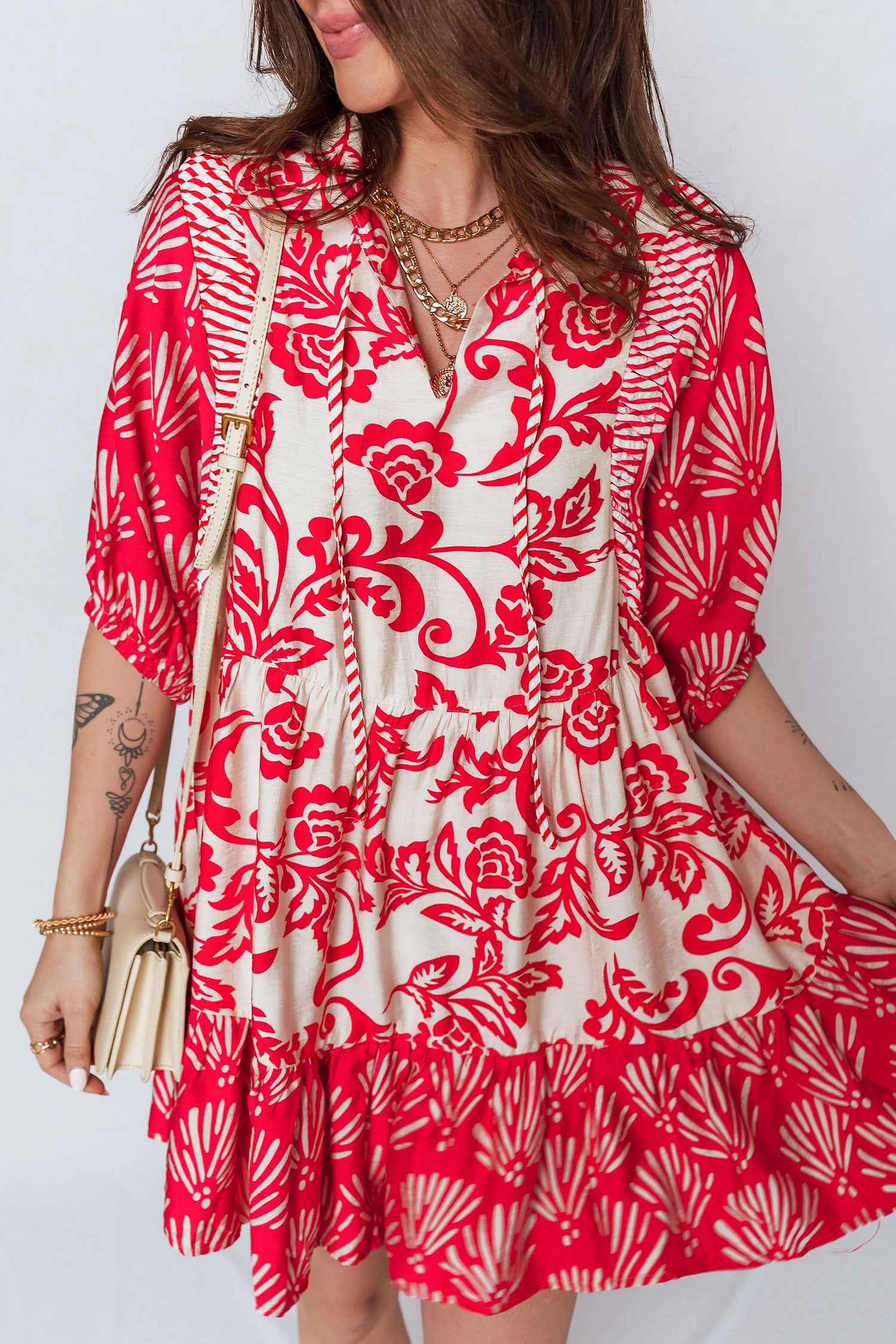Red Collared V Neck Half Sleeve Loose Flower Mini Dress