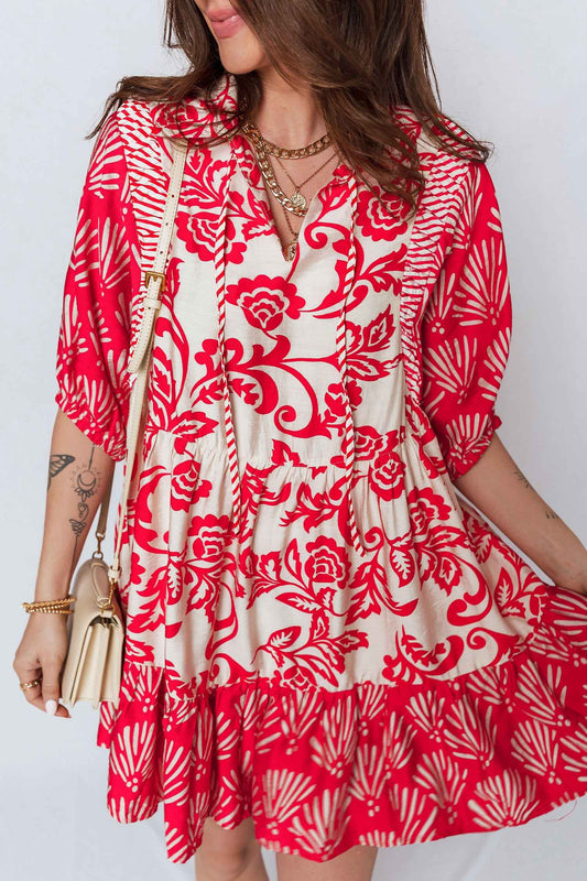 Red Collared V Neck Half Sleeve Loose Flower Mini Dress