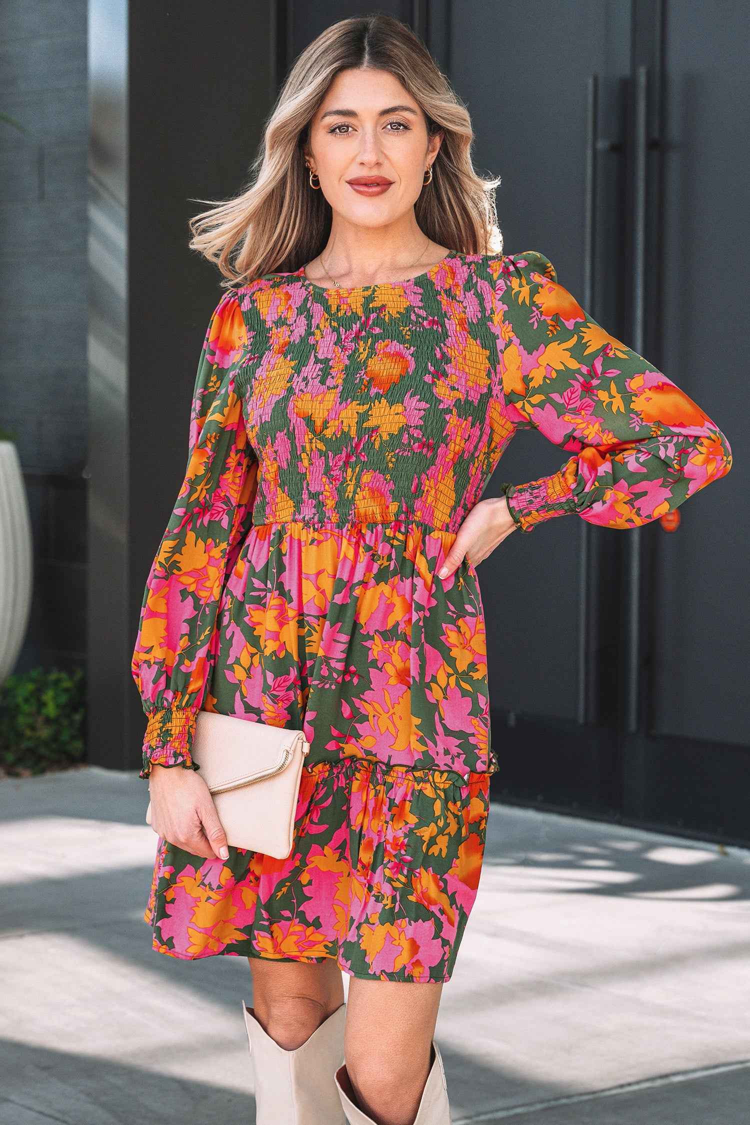 Multicolour Floral Print Long Sleeve Smocked Ruffled Mini Dress