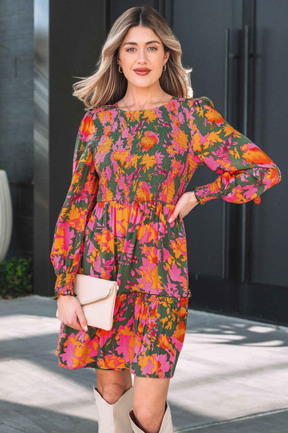 Multicolour Floral Print Long Sleeve Smocked Ruffled Mini Dress
