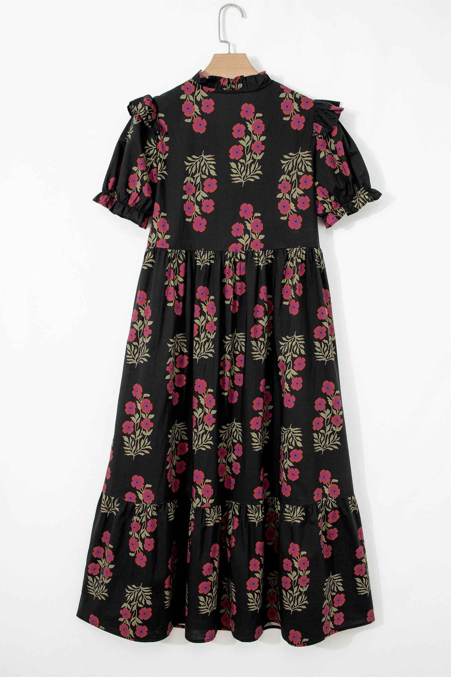 Black Floral Short Bubble Sleeve Tiered Maxi Dress