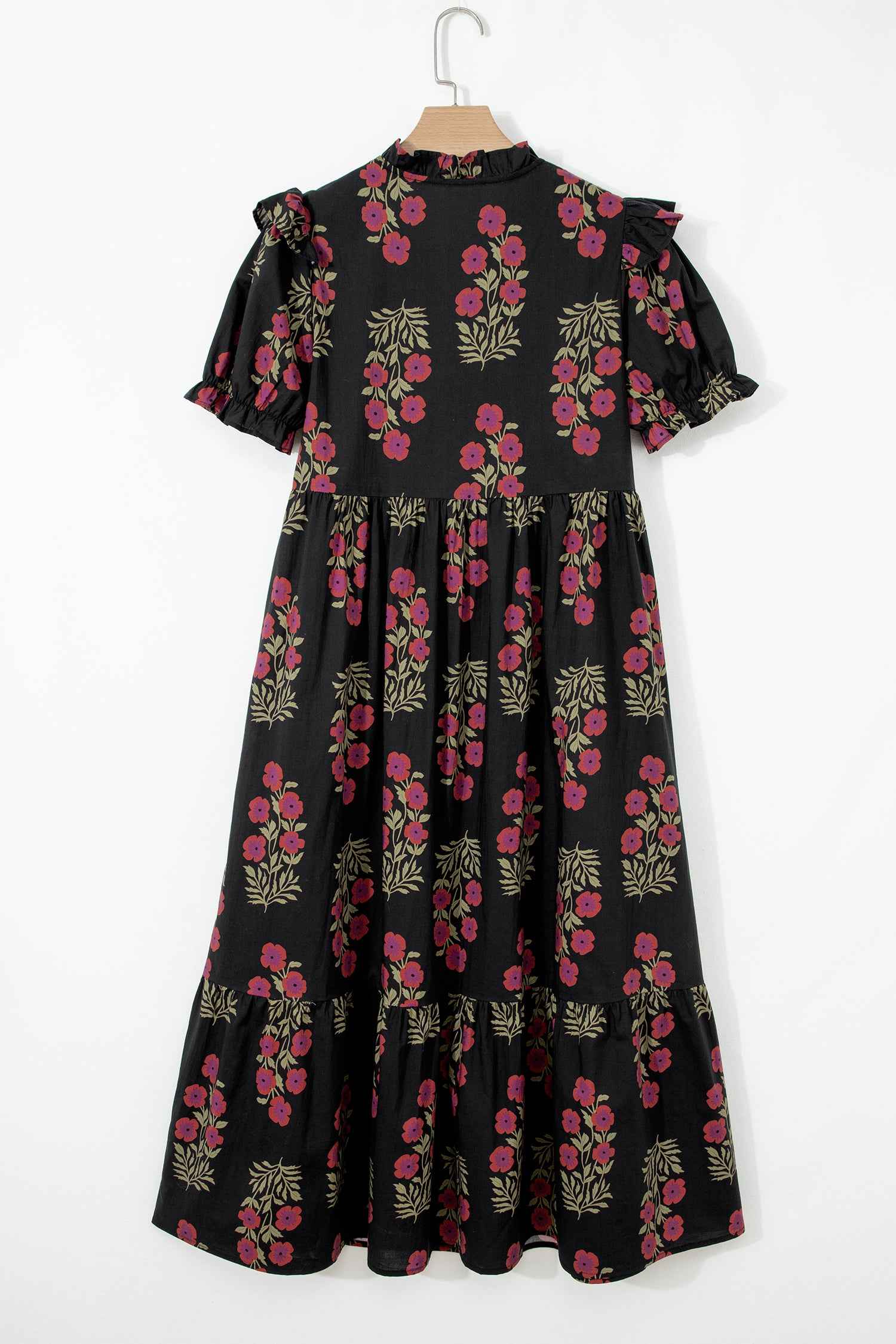 Black Floral Short Bubble Sleeve Tiered Maxi Dress