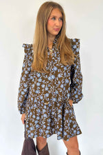 Brown Floral Print Ruffled Detail Shirt Collar Button Down Long Sleeve Dress