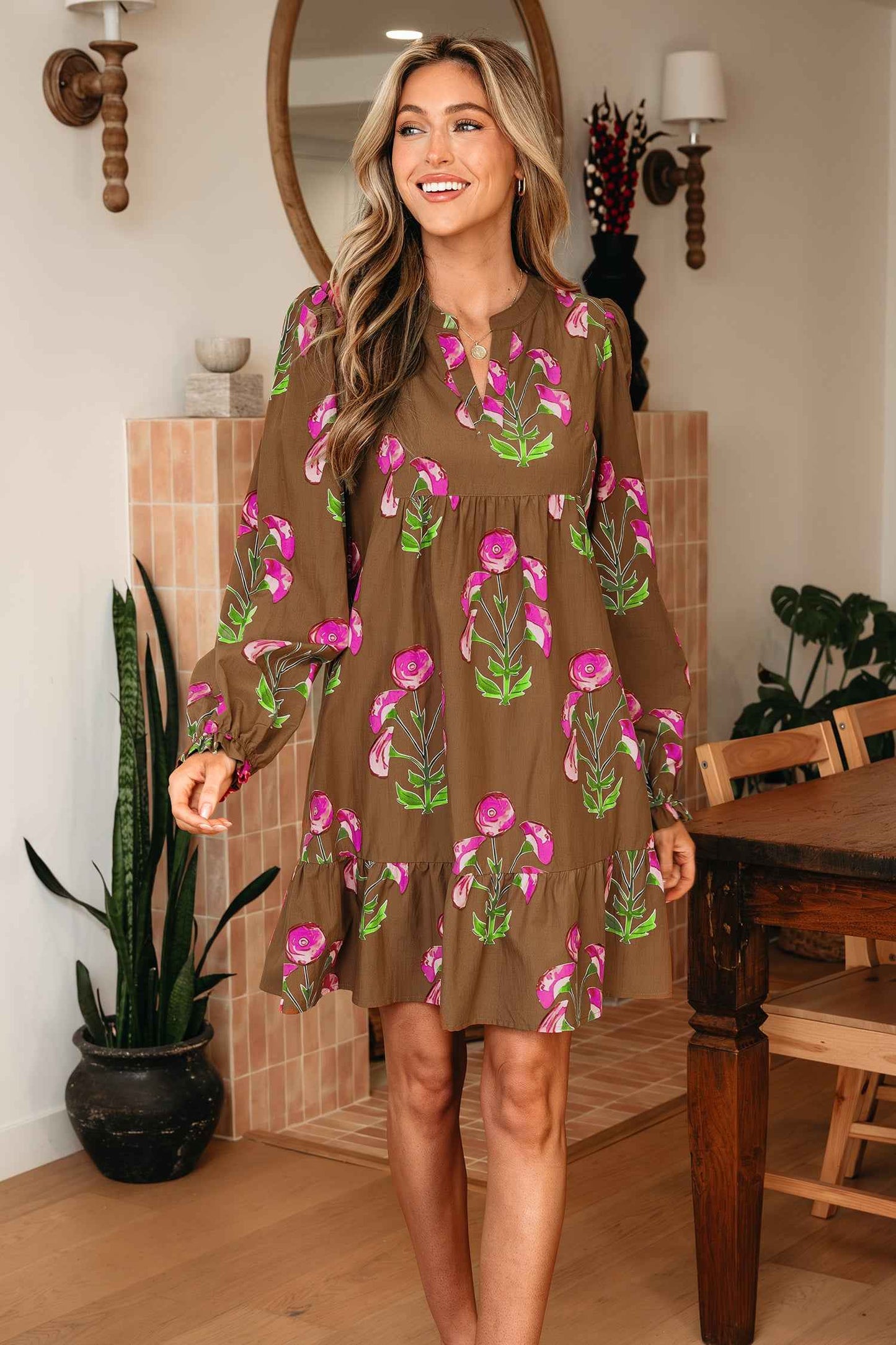 Brown Contrast Floral Print Babydoll Tunic Ruffled Hem Puff Sleeve Dress