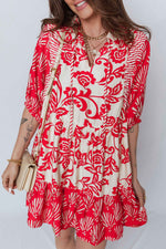 Red Collared V Neck Half Sleeve Loose Flower Mini Dress