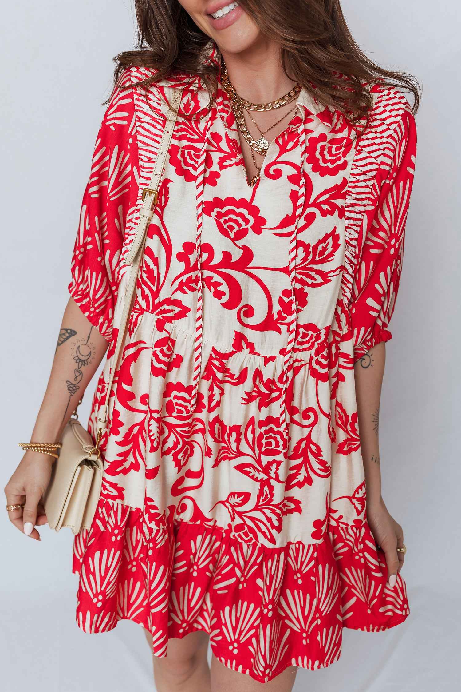 Red Collared V Neck Half Sleeve Loose Flower Mini Dress