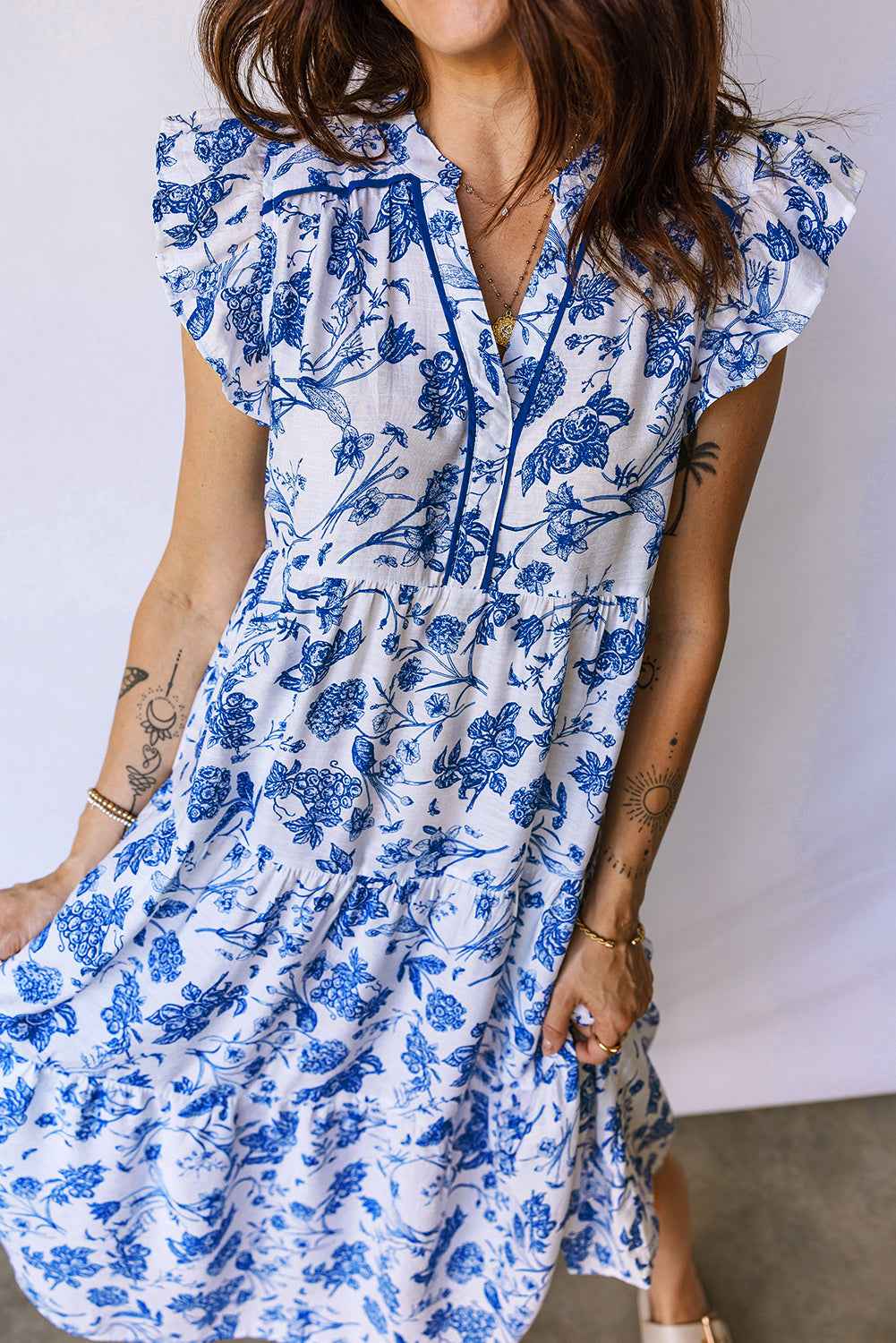 Blue Ruffled Short Sleeve Tiered Floral Midi Dress