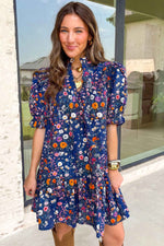 Blue Wild Daisy Floral Split Neck Short Puff Sleeve Mini Dress