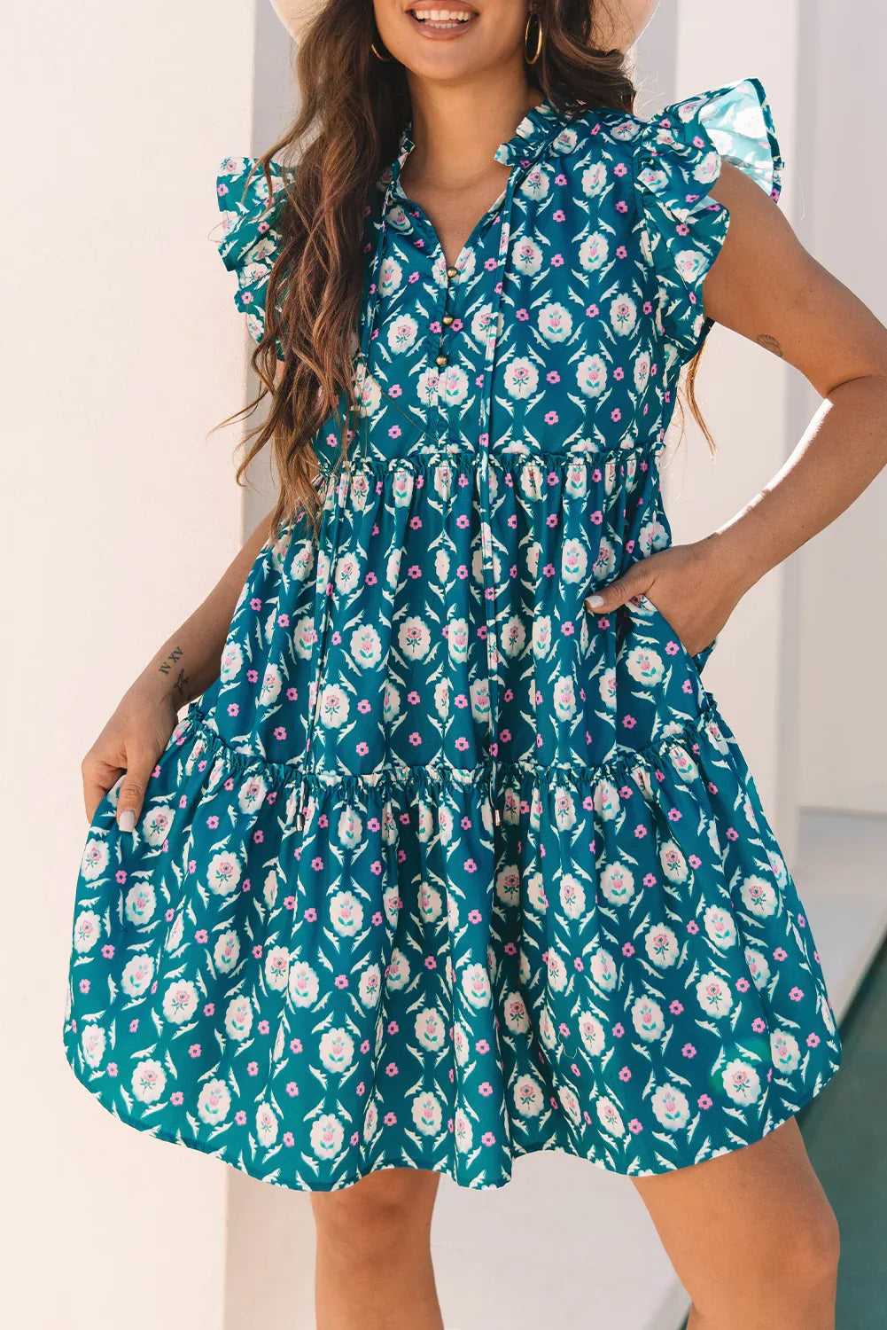 Blue Retro Floral Print Split Neck Ruffle Short Sleeve Dress - MarkoFit