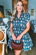 Blue Retro Floral Print Split Neck Ruffle Short Sleeve Dress - MarkoFit