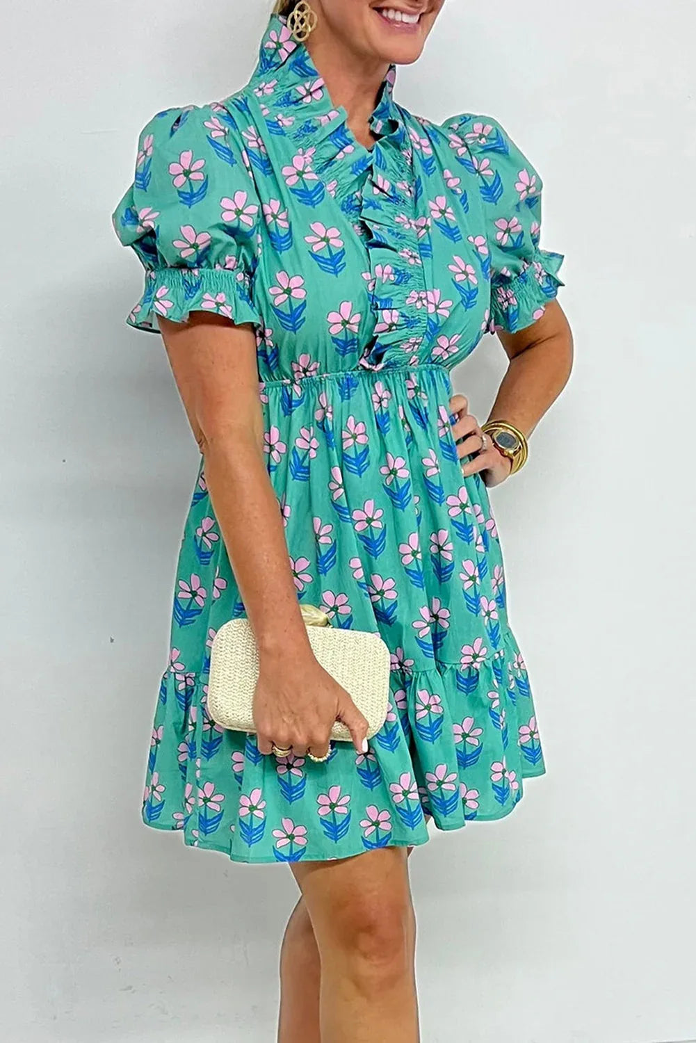 Green Floral Print Frilly Smocked Detail High Waist Mini Dress - MarkoFit