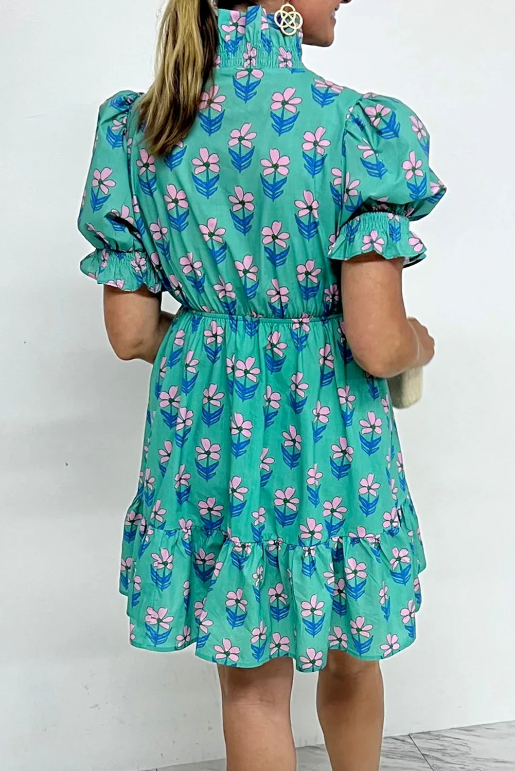 Green Floral Print Frilly Smocked Detail High Waist Mini Dress - MarkoFit