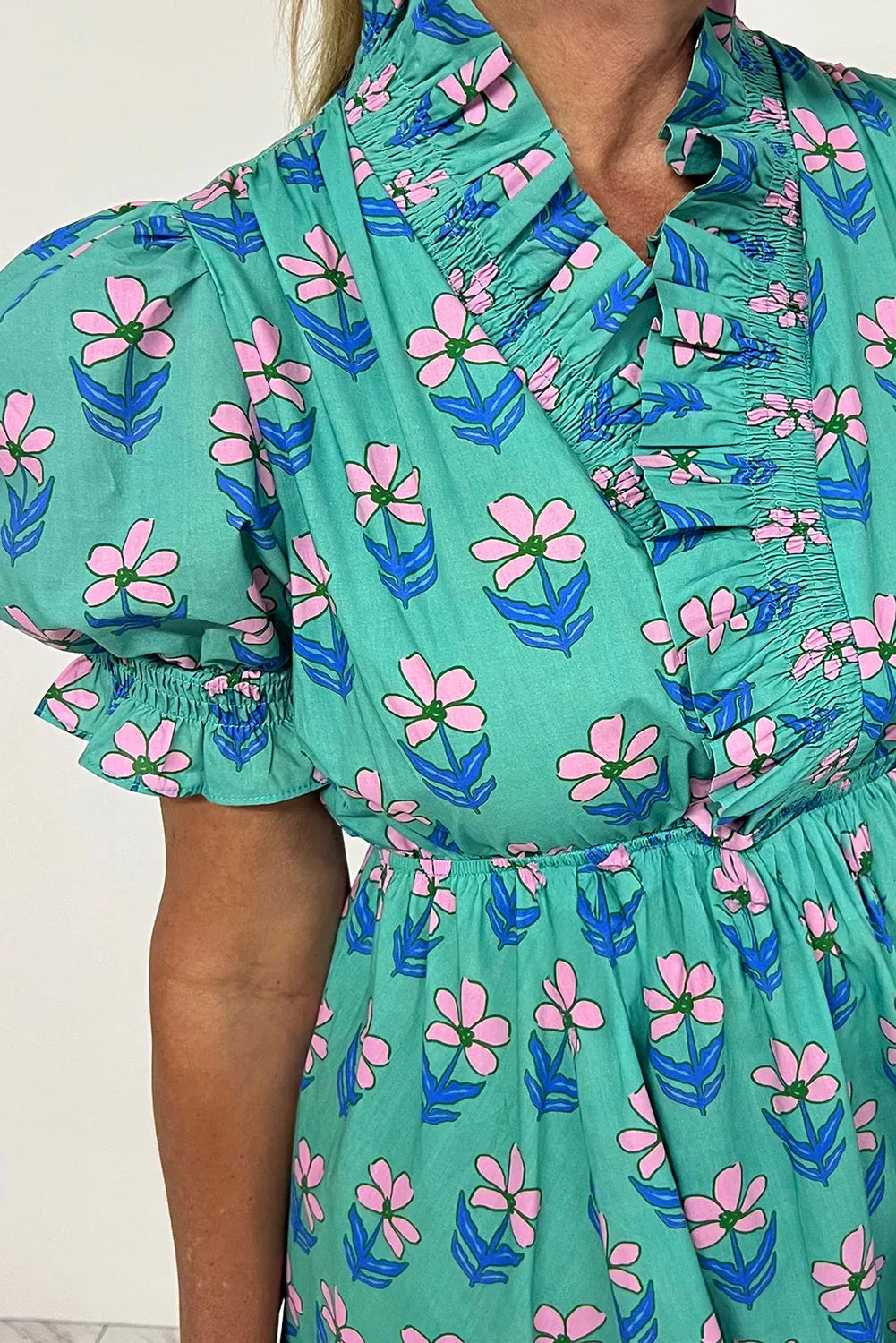 Green Floral Print Frilly Smocked Detail High Waist Mini Dress - MarkoFit