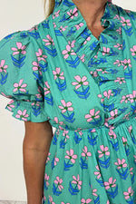 Green Floral Print Frilly Smocked Detail High Waist Mini Dress - MarkoFit