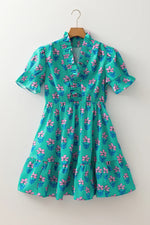 Green Floral Print Frilly Smocked Detail High Waist Mini Dress - MarkoFit