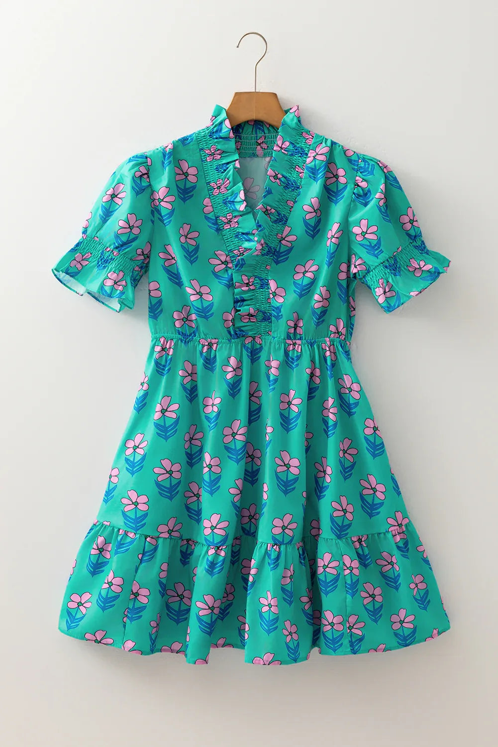 Green Floral Print Frilly Smocked Detail High Waist Mini Dress - MarkoFit