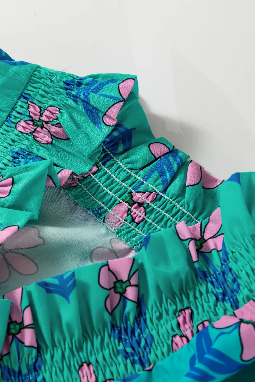 Green Floral Print Frilly Smocked Detail High Waist Mini Dress - MarkoFit