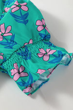 Green Floral Print Frilly Smocked Detail High Waist Mini Dress - MarkoFit