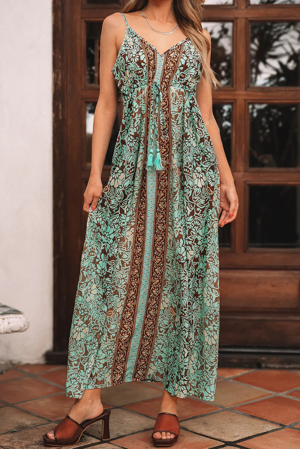 Green Floral Print V Neck Ruffled Trim Backless Tassel Waist Maxi Dress - MarkoFit