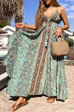 Green Floral Print V Neck Ruffled Trim Backless Tassel Waist Maxi Dress - MarkoFit