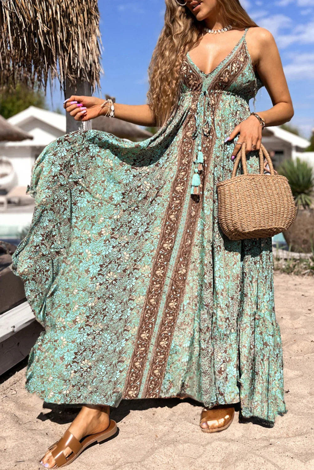 Green Floral Print V Neck Ruffled Trim Backless Tassel Waist Maxi Dress - MarkoFit