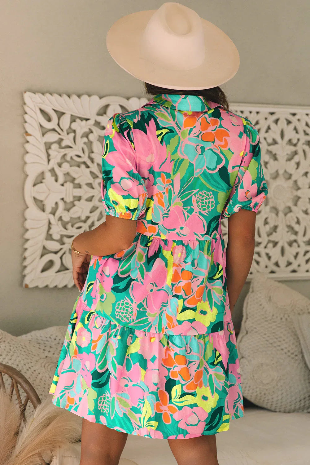 Green Floral Puff Sleeve Collar Buttoned Babydoll Dress - MarkoFit