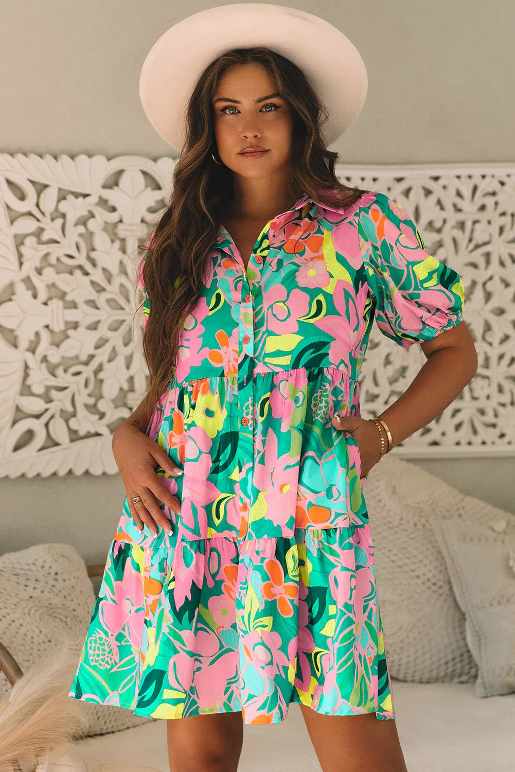 Green Floral Puff Sleeve Collar Buttoned Babydoll Dress - MarkoFit