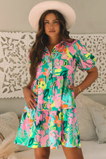 Green Floral Puff Sleeve Collar Buttoned Babydoll Dress - MarkoFit