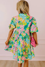 Green Floral Puff Sleeve Collar Buttoned Babydoll Dress - MarkoFit
